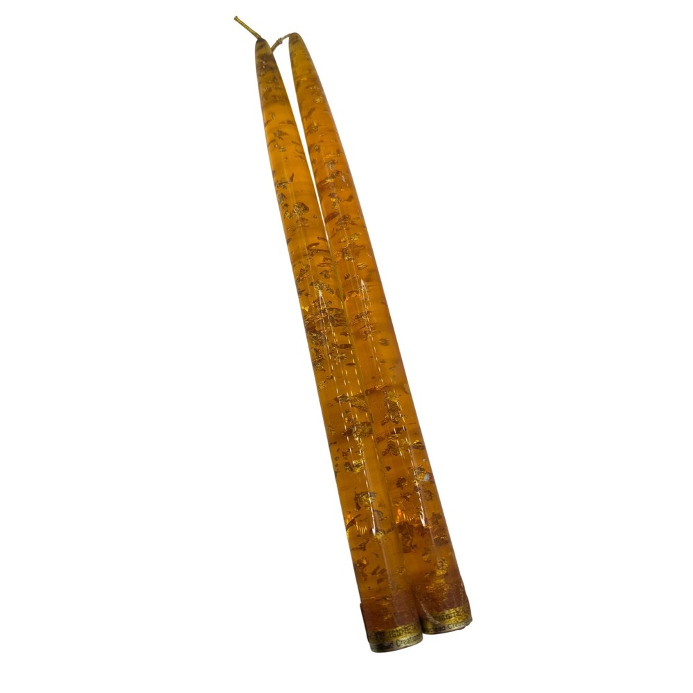 Vintage Hempstead Creations Amber Lucite Gold Leaf 12" Taper Candles Pair MCM - Picture 2 of 6